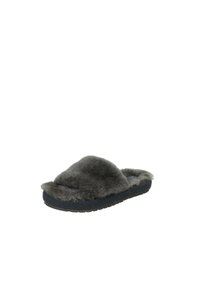 Pantofole grigie in pelliccia con tomaia morbida e pelosa, design open-toe e suola nera texture per aderenza e comfort.