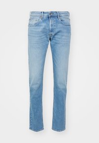 Jean en denim bleu clair avec une coupe droite, style cinq poches et une légère décoloration. Fermeture à glissière et bouton en métal.