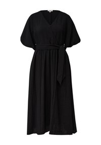 Vestito avvolgente nero in tessuto texturizzato con scollatura a V, maniche ampie e cintura da annodare in vita. Lunghezza fino al polpaccio.