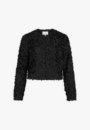 Jaqueta cropped preta feita de tecido texturado com embellishments semelhantes a pétalas. Possui mangas longas e um decote redondo.