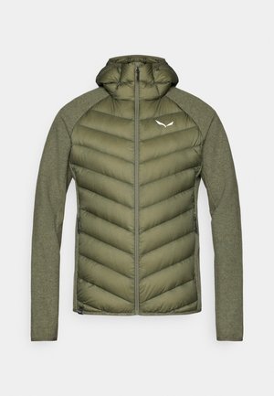 Olive green insulated jacket with a hood, featuring quilted down patterns, knitted sleeves, and a logo on the chest. Two side zip pockets.