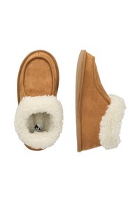 Ruskeat nubuk-luistimet, joissa on pehmeä valkoinen shearling-vuori, pyöreä kärki ja kumipohja. Pehmeä sisävuori lisämukavuutta varten.