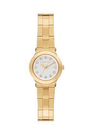 Armbanduhr aus goldfarbenem Metall mit strukturiertem weißem Zifferblatt, zwölf kristallenen Stundenmarkierungen und einem Gliederarmband. Verfügt über ein rundes Gehäuse und ein Logo.