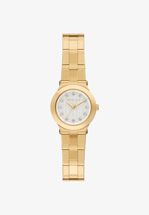 Armbanduhr aus goldfarbenem Metall mit strukturiertem weißem Zifferblatt, zwölf kristallenen Stundenmarkierungen und einem Gliederarmband. Verfügt über ein rundes Gehäuse und ein Logo.