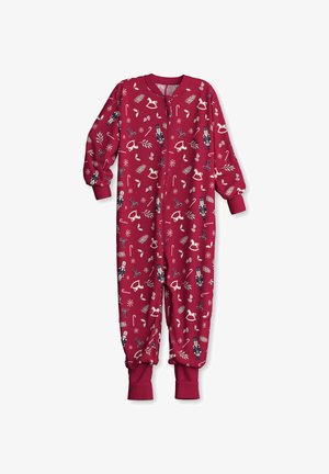 Rode pyjama onesie met feestelijke prints, waaronder dansers, sneeuwvlokken en zuurstokken. Zachte stof met lange mouwen en omgeslagen enkels.