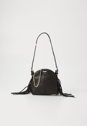 Black leather handbag with a rounded shape, featuring fringe accents, a long shoulder strap, and a gold chain detail.
