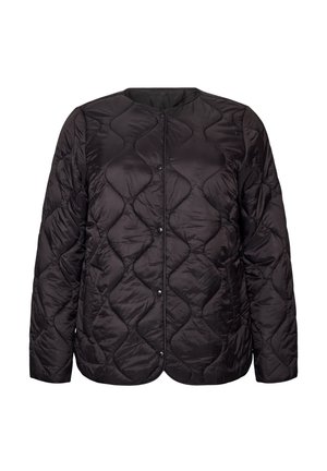 Schwarze gesteppte Jacke mit rundem Ausschnitt und Druckknopfverschluss, mit wellenförmigem Steppmuster und langen Ärmeln.