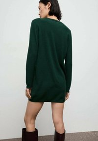 Vestito in maglia verde con maniche lunghe, scollo tondo e vestibilità morbida, che arriva a metà coscia. Tessuto liscio e dettagli minimi.