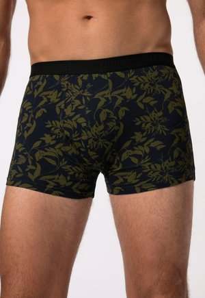 Heren boxershorts van zwarte stof met een olijfgroen bladmotief, elastische tailleband met geperst merkteken, strakke pasvorm en zachte textuur.
