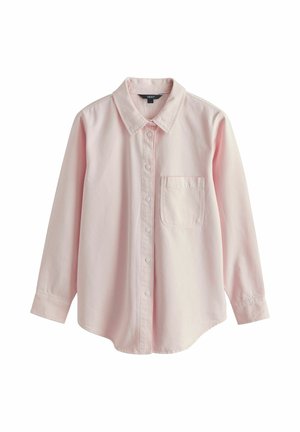 Light pink long-sleeve button-up shirt with collar and single chest pocket, laid flat on a white background.