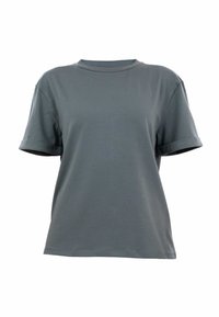 Gray cotton t-shirt features a crew neckline, short sleeves with rolled cuffs, and a relaxed fit. Smooth texture with no visible patterns.