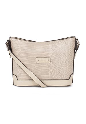Sac bandoulière beige avec motif texturé rappelant un reptile, forme rectangulaire et bandoulière réglable.