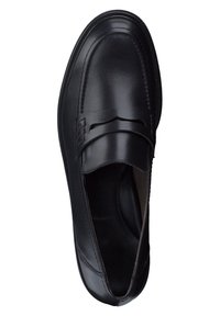 Mocassini in pelle nera con finitura liscia, dotati di una fascia frontale e dettagli di cucitura, progettati per la comodità di indossarli facilmente.
