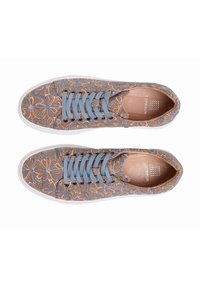 Patterned sneakers with brown fabric featuring floral design in blue, gray laces, white rubber sole, rounded toe, and flat design.
