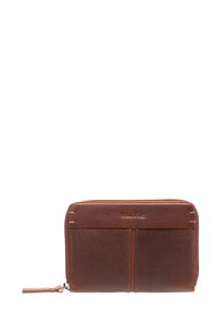 Brown leather wallet with a zip closure, featuring two card slots and visible stitching. Smooth texture with subtle branding.