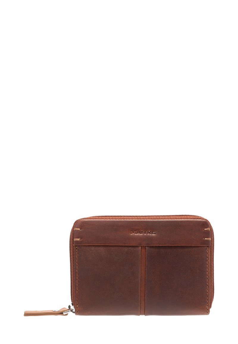 Brown leather wallet with a zip closure, featuring two card slots and visible stitching. Smooth texture with subtle branding.