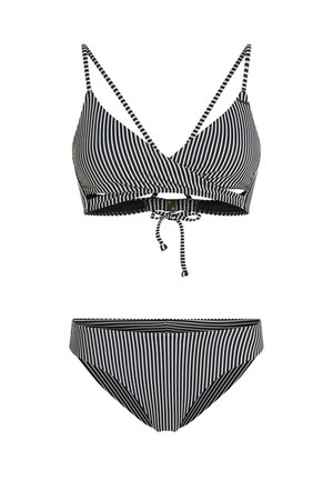 Schwarz-weiß gestreiftes Bikini-Set mit einem Bralette mit verstellbaren Trägern und einer Bindung vorn, kombiniert mit passenden tief sitzenden Höschen.