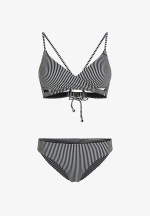 Schwarz-weiß gestreiftes Bikini-Set mit einem Bralette mit verstellbaren Trägern und einer Bindung vorn, kombiniert mit passenden tief sitzenden Höschen.