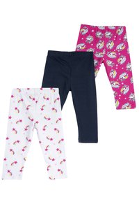 Ensemble de trois leggings : blanc avec imprimé arc-en-ciel et étoiles, bleu marine et rose avec motif de licorne. Tissu en coton doux, taille élastique.