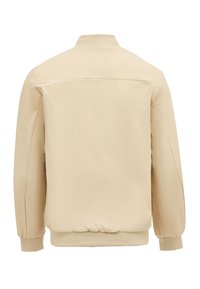 Beige bomberjack met een gladde, textuurstof, elastische manchetten en een licht gewatteerd ontwerp. Achteraanzicht zonder zakken of sluitingen.