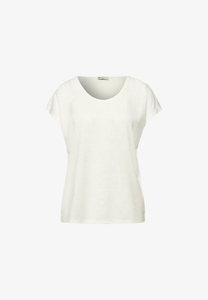 Valkoinen naisten lyhythihainen paita, jossa pyöreä pääntie, väljä istuvuus ja sisäkauluksessa "Street One" -merkki.