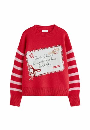Red knit sweater with pink striped sleeves and a stitched letter addressed to Santa Claus at 22 Candy Cane Lane, North Pole.