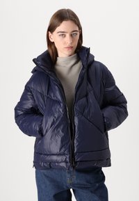 Jūras spēku pufu jaka ar kapuci, ar ģeometrisku kviltu dizainu, rāvējslēdzēju aizdari un gludu, spīdīgu tekstūru. Valkāta virs gaiši pelēka krekla.