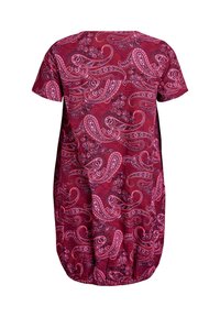 Bordo obleka s paisley vzorom v odtenkih roza, kratki rokavi in nabran spodnji del za tekočo silhueto.