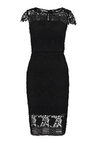 Musta pitsimekko, jossa on hihattomat hihat, muotoon ommeltu siluetti, kukkakuvioita ja aaltoileva helma tekstuuripitsiviimeistelyllä.