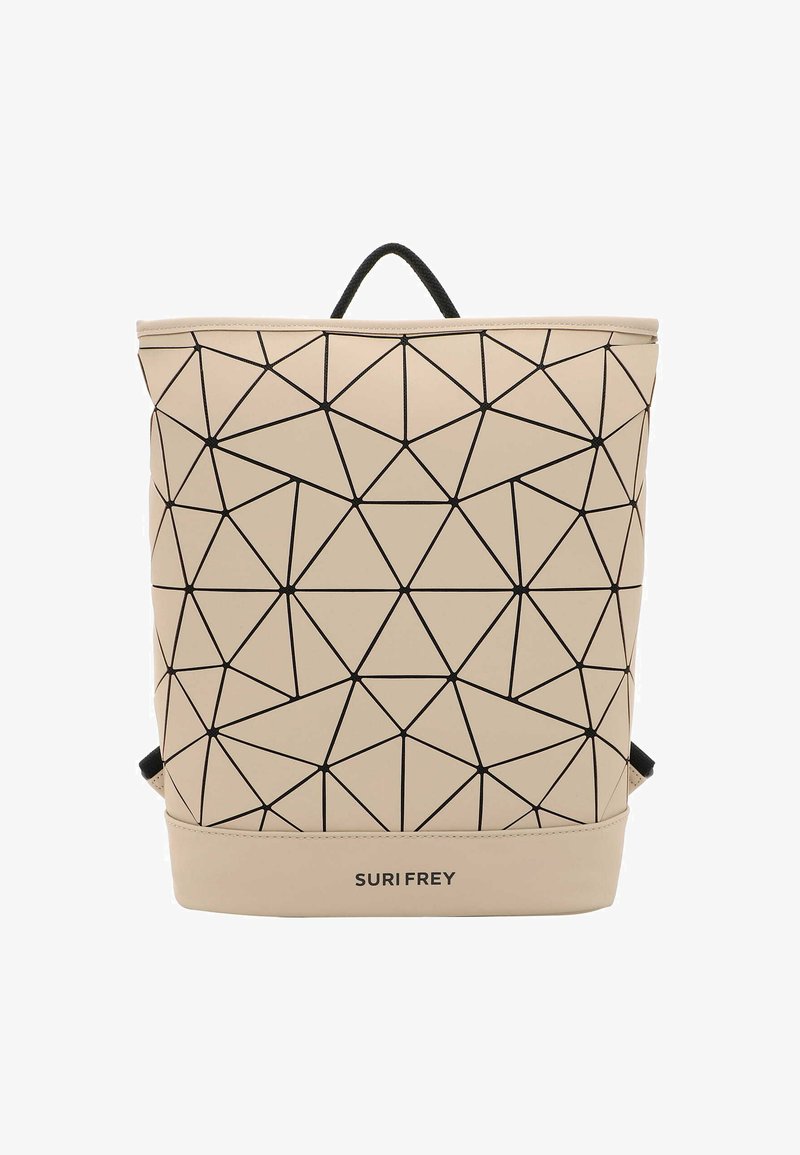 Beiger geometrischer Rucksack mit einem dreieckigen schwarzen Linienmuster, aus synthetischem Material gefertigt, mit einem oberen Tragegriff und verstellbaren Schultergurten.