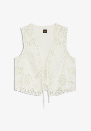 Weißes ärmelloses Spitzenweste mit Blumenmustern, tiefem V-Ausschnitt und vorderen Binderverschlüssen von BOSS.
