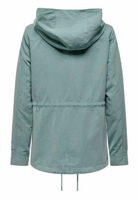 Veste à capuche bleu sarcelle clair à manches longues, avec taille et ourlet ajustables par cordon de serrage, vue de dos sur fond blanc.