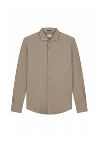 Cămașă cu mânecă lungă, de culoare taupe deschis, dintr-un material texturat, cu guler moale, 7 butoane pe față, logo subtil brodat pe partea stângă.