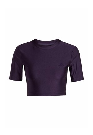 Paarse korte mouwen cropped t-shirt van gladde stof, met een ronde halslijn en een subtiel logo aan de linkerkant van de voorkant.