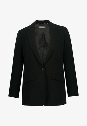 Black blazer with a notched lapel, single button closure, and two front pockets. Interior lined with smooth fabric, tailored fit.