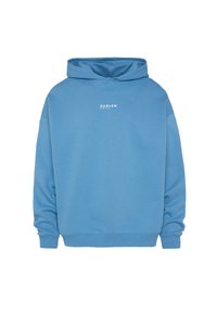 Blauer Baumwollhoodie mit lockerer Passform, ausgestattet mit einer Kängurutasche und dem Text "HARLEM SOUL" in Weiß auf der Brust. Glatte Textur.