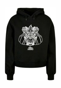 Svartkortad sweatshirt gjord av mjukt tyg, med en vit grafisk design med intrikata detaljer i centrum och ribbade ärmslut.