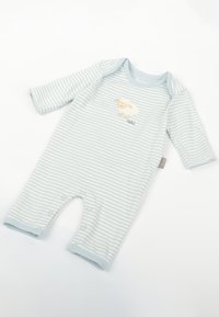 Salopette pour bébé rayée bleu clair et blanche avec des manches longues et un mouton souriant brodé sur la poitrine, dotée de boutons-pression sur les jambes.