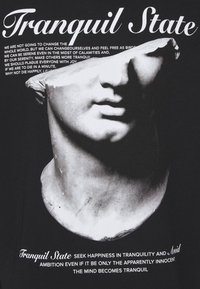 Tête classique sculptée avec des yeux manquants, superposée avec un texte sur la tranquillité et la sérénité sur fond noir.