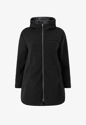 Sort lynlåssjakke med hætte, lavet af blødt, tekstureret fleece med lange ærmer og to forlommer foran.