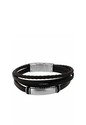 Herren Mehrschichtiges Armband mit schwarzen geflochtenen und glatten Lederbändern sowie einem silbernen magnetischen Verschluss und einer Plattenmitte.