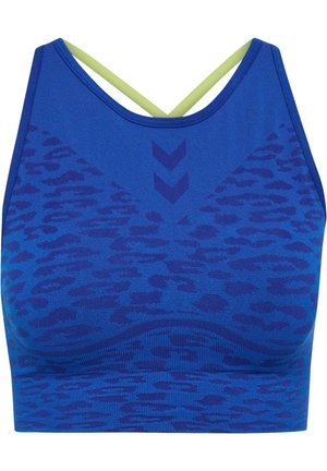Blauwe sportbeha met een gestructureerd luipaardprintpatroon. Heeft een tanktopontwerp met contrasterende lichtgroene banden. Zachte, rekbare stof.