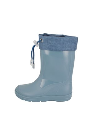 Botte de pluie en caoutchouc bleu avec un revers en tissu et une fermeture à cordon réglable en haut.