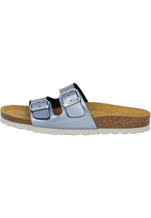 Blue leather slip-on sandals with two adjustable buckles, cork footbed, and rubber sole featuring a textured white tread.