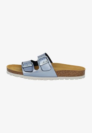 Sandali slip-on in pelle blu con due fibbie regolabili, soletta in sughero e suola in gomma con battistrada bianco texturizzato.