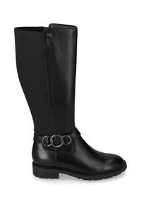 Stivali alti neri in pelle e tessuto, con un accento in metallo a forma di anello rotondo alla caviglia e una finitura testurizzata.