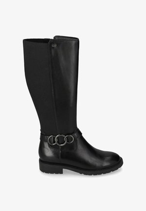 Stivali alti neri in pelle e tessuto, con un accento in metallo a forma di anello rotondo alla caviglia e una finitura testurizzata.