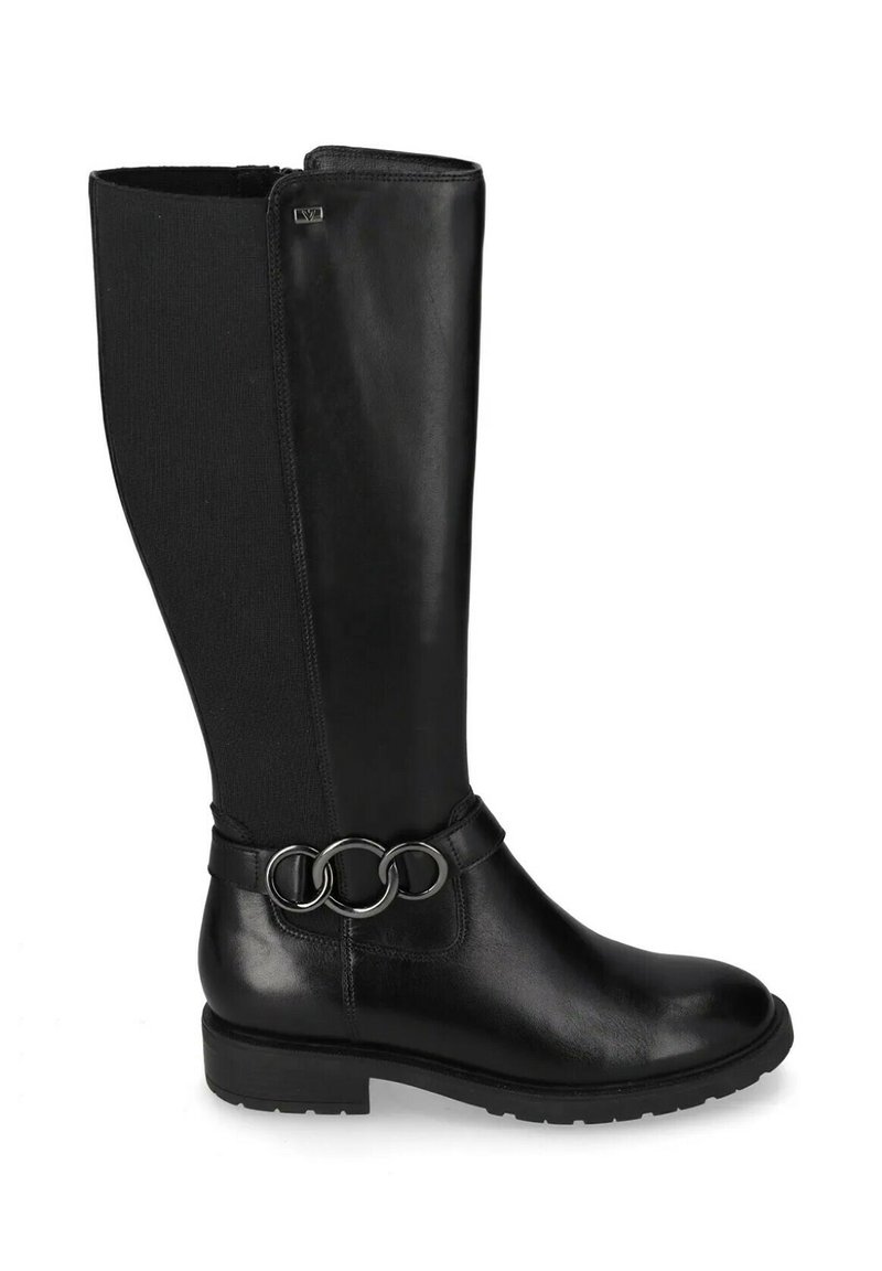 Stivali alti neri in pelle e tessuto, con un accento in metallo a forma di anello rotondo alla caviglia e una finitura testurizzata.