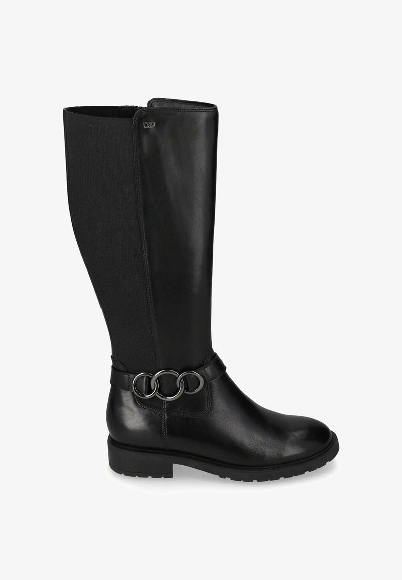 Stivali alti neri in pelle e tessuto, con un accento in metallo a forma di anello rotondo alla caviglia e una finitura testurizzata.