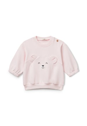 Sweatshirt rose avec un design de visage d'ours sur le devant, présentant des manches élastiques, un ourlet côtelé et un détail de bouton sur l'épaule.